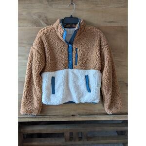 AS Revival Sherpa Fleece Sweater Women XS Brown White Colorblock Snap Front